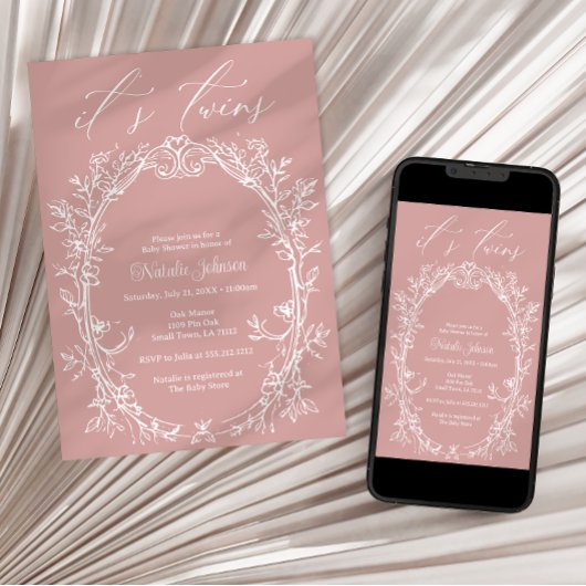  Tijdloos Bloemen Roze Tweeling Baby shower Kaart