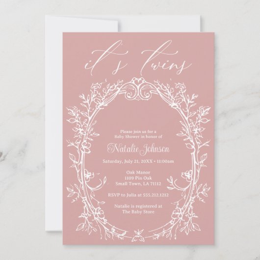 Tijdloos Bloemen Roze Tweeling Baby shower Kaart (Voorkant)