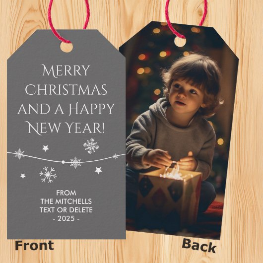 Tijdloos - Houtskool Grijs Kerstmis Foto Gift Labe Cadeaulabel