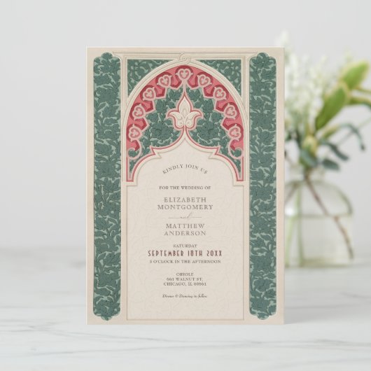 Tijdloos kanten effect bruiloft art nouveau stijl kaart (Staand voorkant)