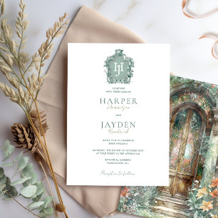 Tijdloos Monogram, Aardgroen en Blush Wedding Kaart