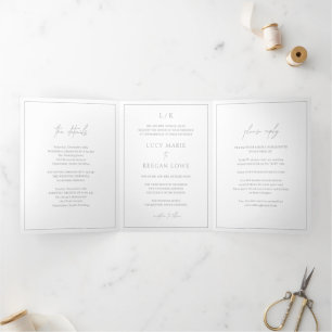Tijdloos Monogram Grijs Elegant Huwelijk Drieluik Uitnodiging