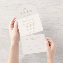 Tijdloos Monogram Ivoor en Gouden Elegante Trouw All In One Uitnodiging
