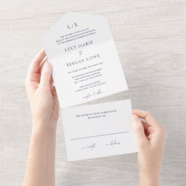 Tijdloos Monogram Navy Blauwe Elegante Trouw All In One Uitnodiging