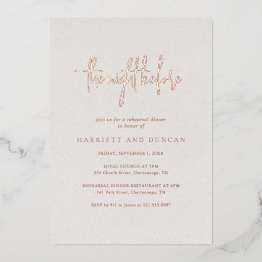 Tijdloos neutraal beige elegant repetitiediner folie uitnodiging (Voorkant)