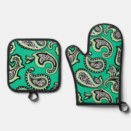 Tijdloos paisley op een groene achtergrond ovenwant & pannenlap set
