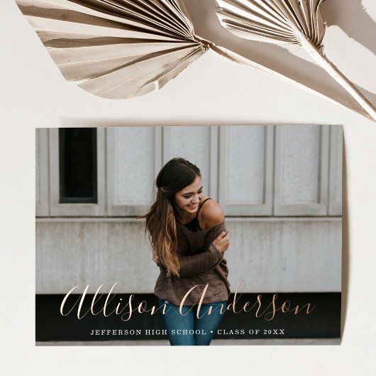 Tijdloos Roos Gold Script Afstuderen foto's Folie Uitnodiging