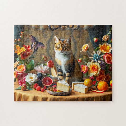 Tijdloos Stilleven met Kat en Fruit Legpuzzel (Horizontaal)