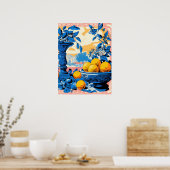 Tijdloos stilleven met Sinaasappels en blauw gebla Poster (Keuken)