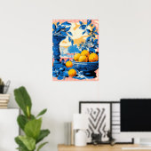 Tijdloos Stilleven met Sinaasappels en Blauwe Blad Poster (Thuiskantoor)
