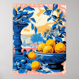 Tijdloos Stilleven met Sinaasappels en Blauwe Blad Poster