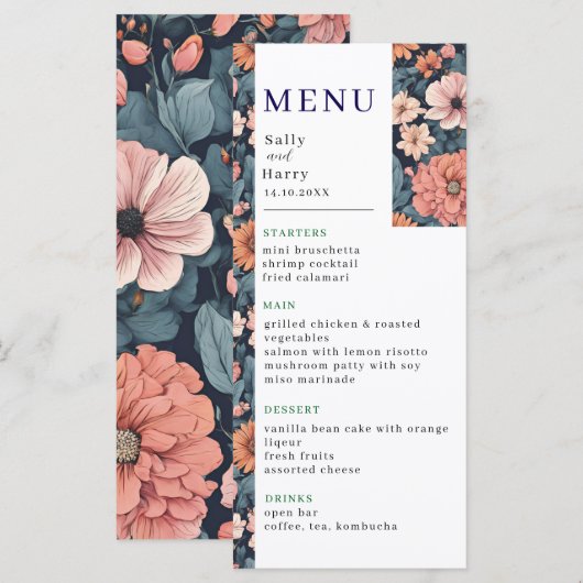 Tijdloos:  vervaagd Roos Wedding Print Menu (Voorkant / Achterkant)