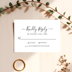 Tijdloos zwart script op witte minimalistische bru RSVP kaartje