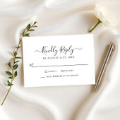 Tijdloos zwart script op witte minimalistische bru RSVP kaartje