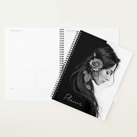 Tijdloos zwart wit dramatisch bloemrijk haarontwer planner (Display)