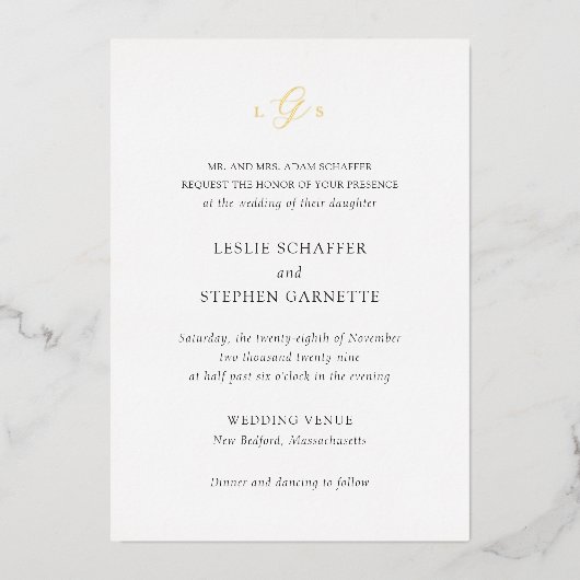 Tijdloos zwart-wit monogram Elegante bruiloft Folie Uitnodiging (Voorkant)