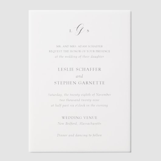 Tijdloos zwart-wit monogram Elegante bruiloft Vellum Uitnodigingen (Voorkant)