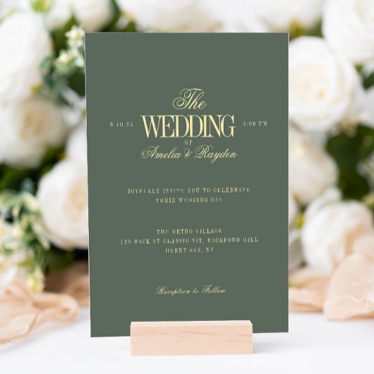 Tijdloze aardse groene en boter gele bruiloft kaart