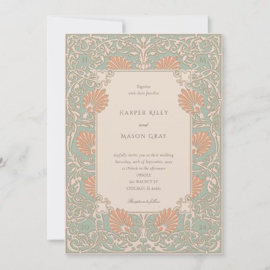 Tijdloze Art Nouveau Seafoam en Peach bruiloft Kaart (Voorkant)