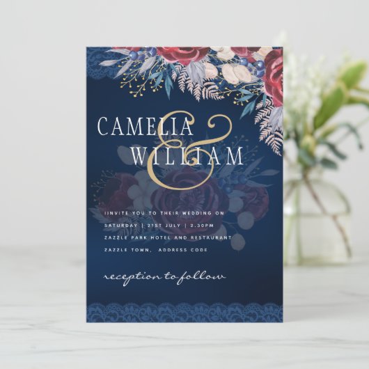 Tijdloze Blauwe Bourgondische Bloemenslak Bruiloft Kaart (Staand voorkant)