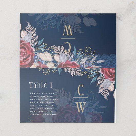 Tijdloze Blauwe Bourgondische Bloemenslak Bruiloft Plaatskaartje (Buitenkant ongevouwen)