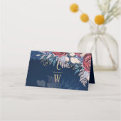 Tijdloze Blauwe Bourgondische Bloemenslak Bruiloft Plaatskaartje (Achterkant)