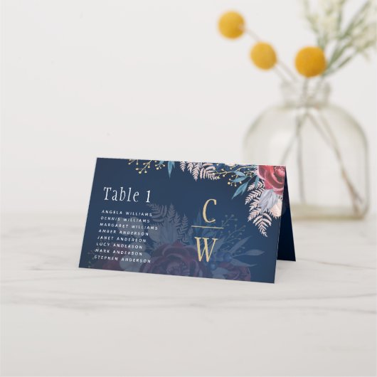 Tijdloze Blauwe Bourgondische Bloemenslak Bruiloft Plaatskaartje (Voorkant)