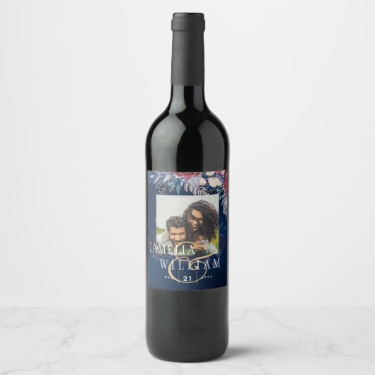 Tijdloze Blauwe Bourgondische Bloemenslak Bruiloft Wijn Etiket (Voorkant)