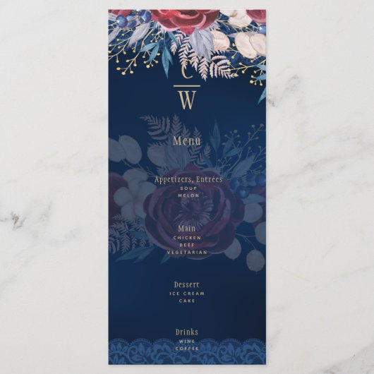 Tijdloze Blauwe Bourgondische Bloemrijke Kanten Tr Menu (Voorkant)