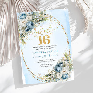 Tijdloze Blauwe en Witte Bloemige Sweet Sixteen Kaart