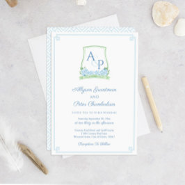 Tijdloze Blauwe Groene Botanische Crest Bruiloft Kaart