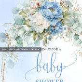 Tijdloze Blauwe Pioen Groene Baby Shower Uitnodigi Kaart