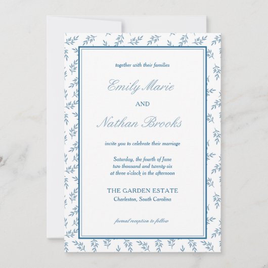 Tijdloze Blauwe Tuin Elegante Oud Geld Trouwen Kaart (Voorkant)