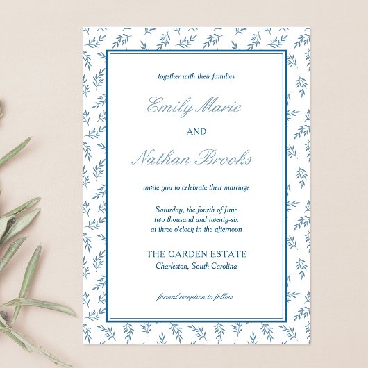 Tijdloze Blauwe Tuin Elegante Oud Geld Trouwen Kaart