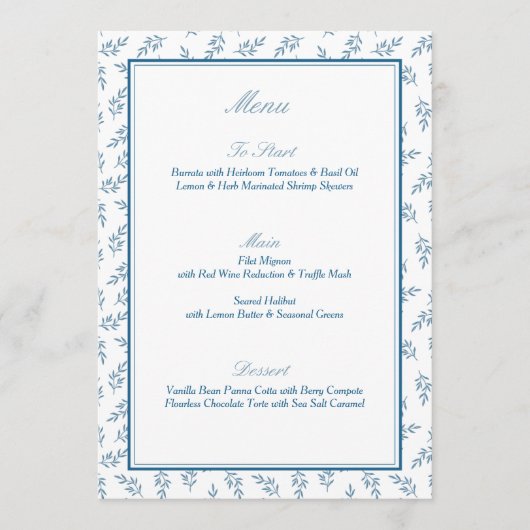 Tijdloze Blauwe Tuin Elegante Oud Geld Trouwen Menu (Voorkant)