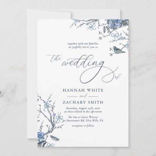 Tijdloze Blauwe Vintage Bloemen Huwelijk Kaart (Voorkant)