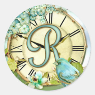tijdloze blauwvogel met initiaal letter R Ronde Sticker