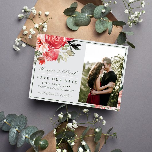 Tijdloze Bloemen Blush Red Greenery Classic Weddin Save The Date