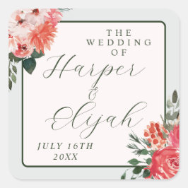 Tijdloze Bloemen Blush Red Greenery Classic Weddin Vierkante Sticker
