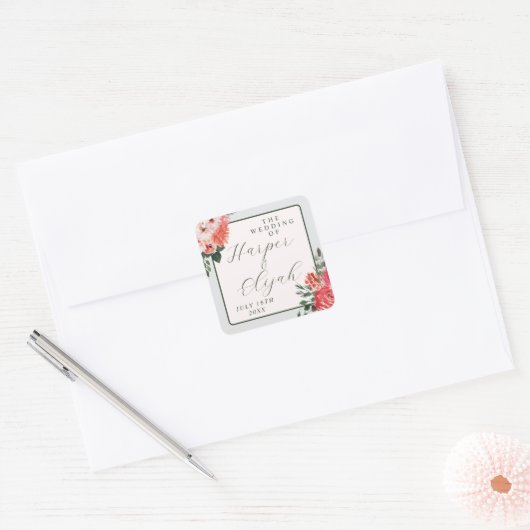 Tijdloze Bloemen Blush Red Greenery Classic Weddin Vierkante Sticker (Envelop)