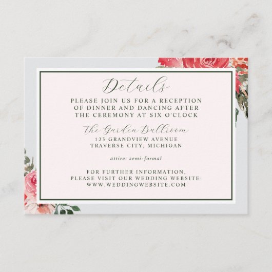 Tijdloze Bloemen Blush Red Greenery Wedding Informatiekaartje (Voorkant)