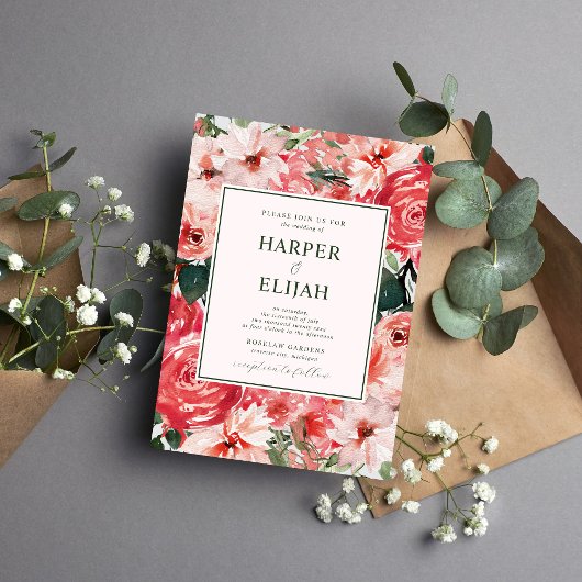 Tijdloze Bloemen Blush Red Greenery Wedding Kaart