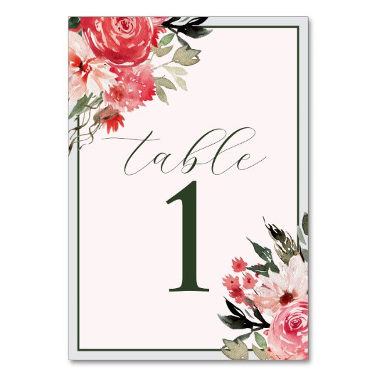 Tijdloze Bloemen Blush Rode Trouwtafel Nummer Kaart (Voorkant)