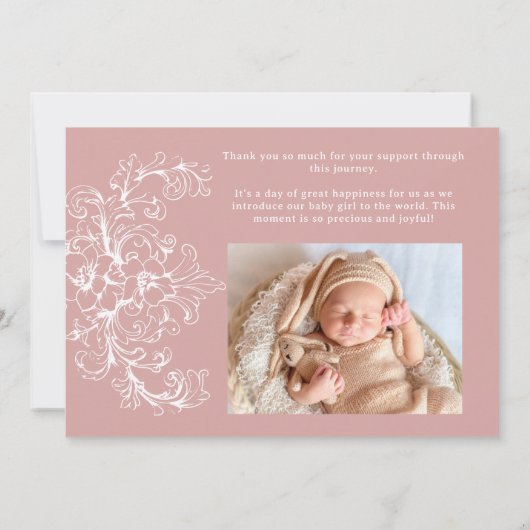 Tijdloze Bloemen Roze Baby Aankondiging (Achterkant)