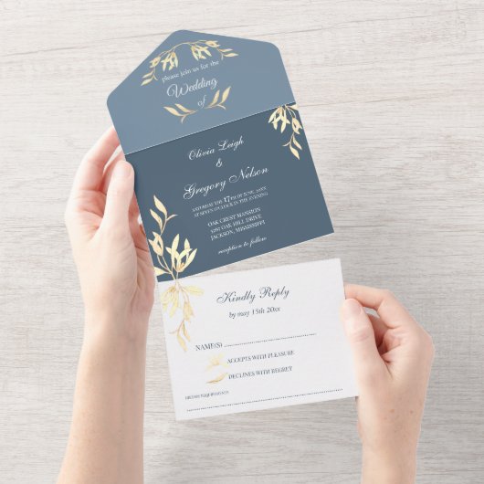 Tijdloze bloemensymfonie in blauwe bruiloft all in one uitnodiging (Afscheurbaar)