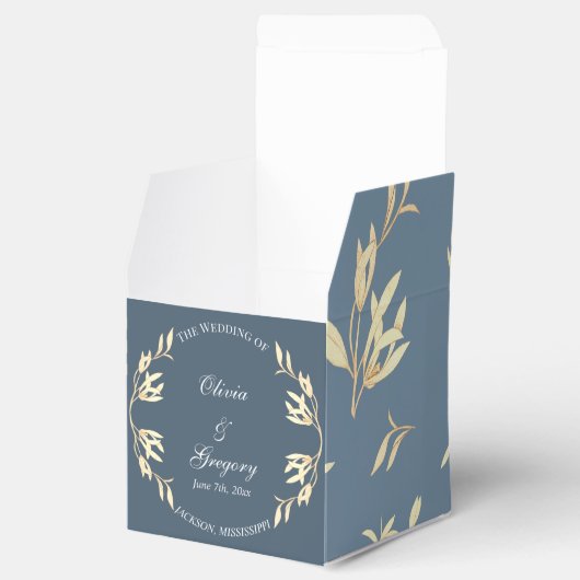 Tijdloze bloemensymfonie in blauwe bruiloft bedankdoosjes (Geopend)