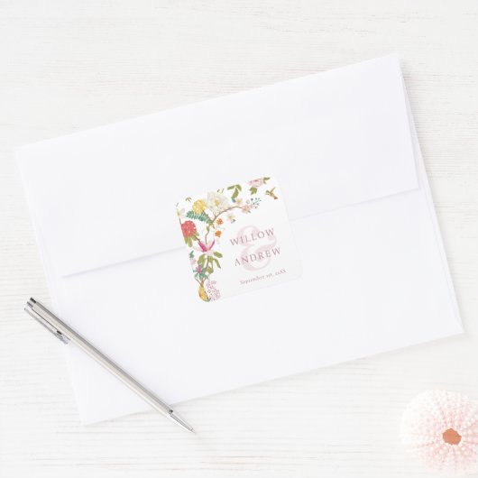 Tijdloze Bloemige Bruiloft Vierkante Sticker (Envelop)
