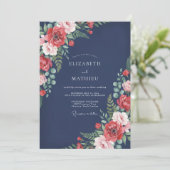 Tijdloze bloemige Navy Blue bruiloft Kaart (Staand voorkant)