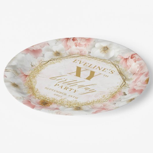 Tijdloze Bloemstof Roze Verjaardag Papier Borden Papieren Bordje (Gekanteld)