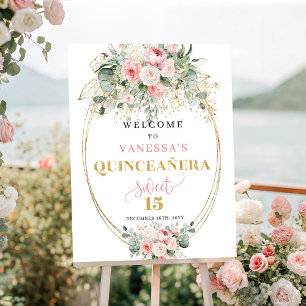 Tijdloze Blush Bloemengoud Quinceañera Welkom Poster